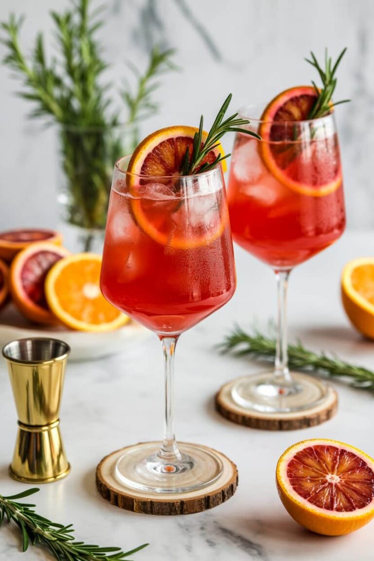 Blood orange mocktail in glass with rosemary garnish
