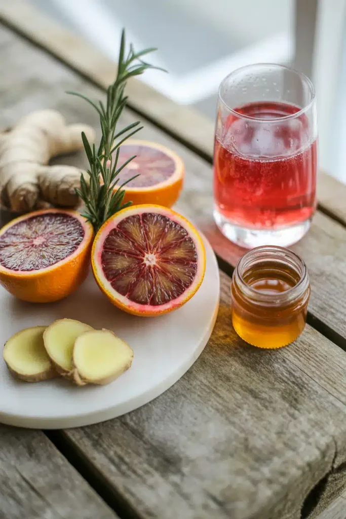 Ingredients for blood orange mocktail including fresh citrus and herbs