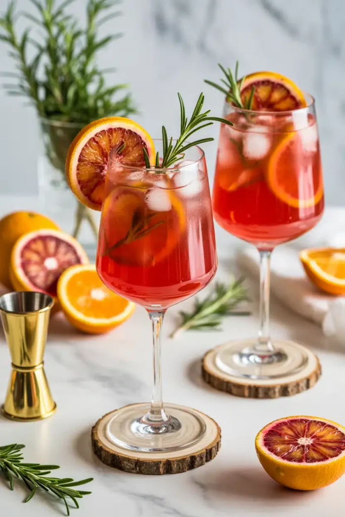 Blood orange mocktail in glass with rosemary garnish