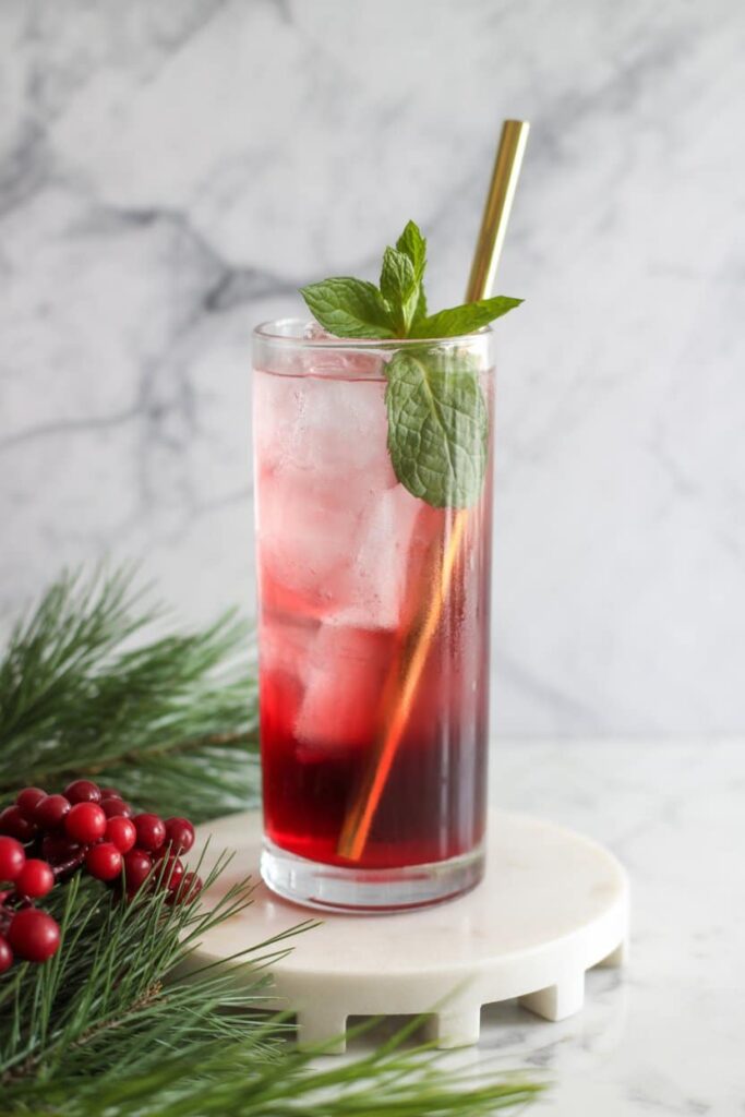 Close-up of Cranberry Mocktail with lime and rosemary garnish