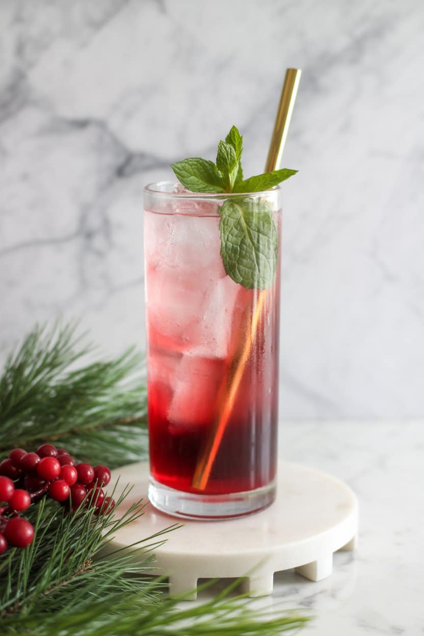 Close-up of Cranberry Mocktail with lime and rosemary garnish