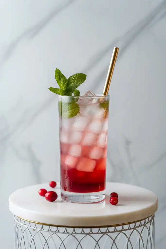 Close-up of Cranberry Mocktail with lime and rosemary garnish