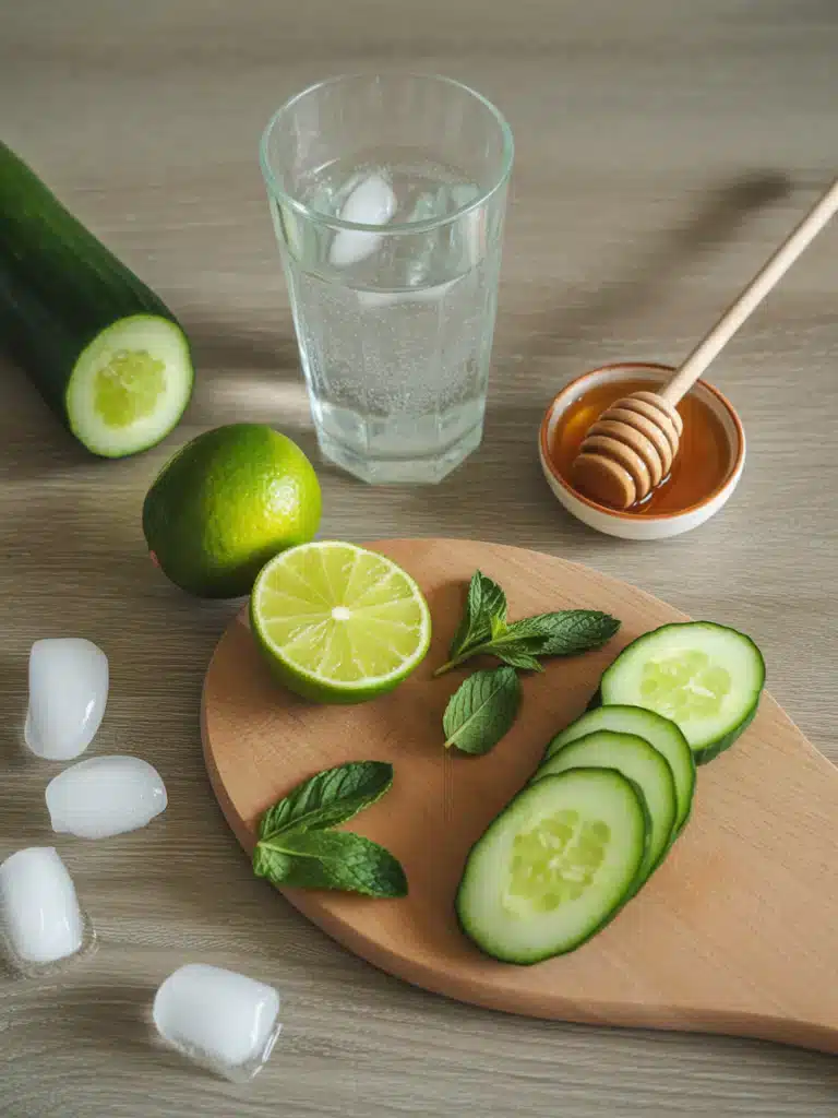 Ingredients for cucumber cooler mocktail laid out on wood