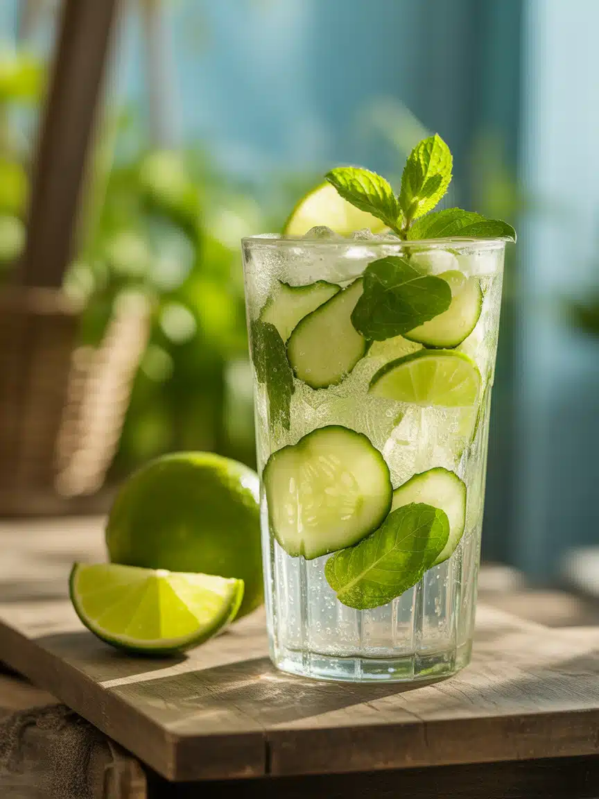 Close-up of cucumber cooler mocktail with mint and lime