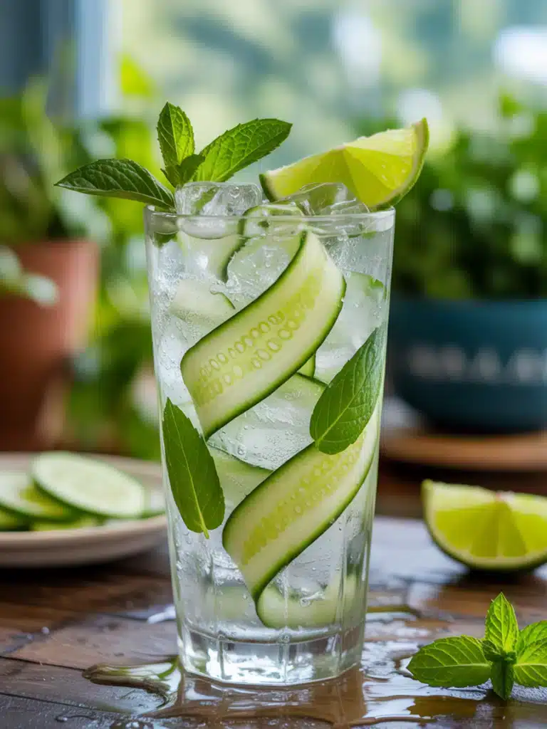 Close-up of cucumber cooler mocktail with mint and lime