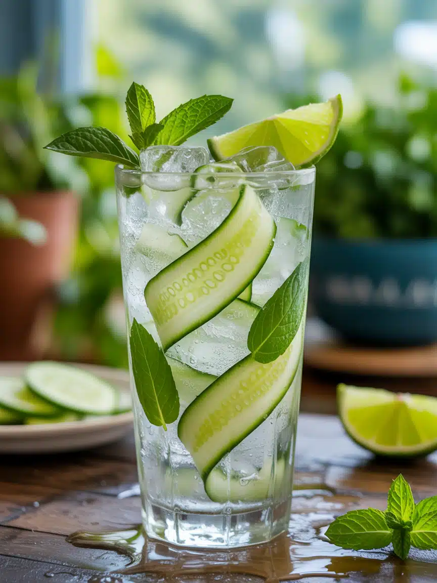 Close-up of cucumber cooler mocktail with mint and lime