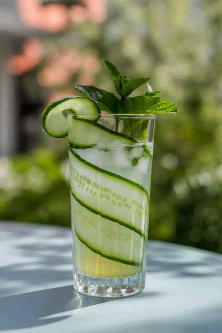Cucumber mint mocktail with ice, cucumber ribbon, and mint garnish