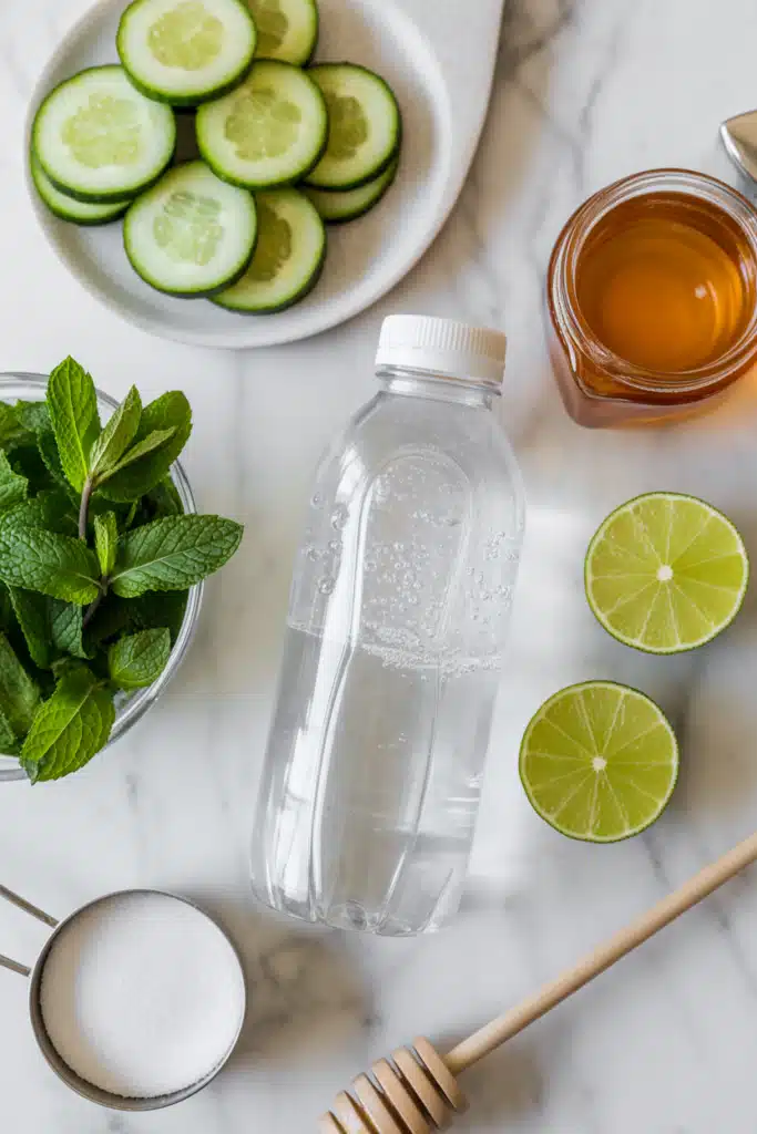 Ingredients for cucumber mint mocktail on marble background