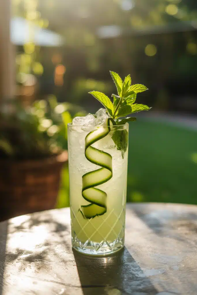 Cucumber mint mocktail with ice, cucumber ribbon, and mint garnish