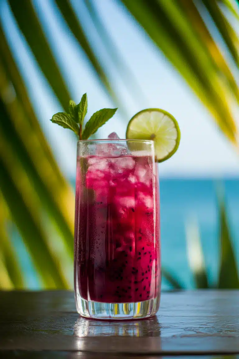 Dragon fruit mocktail with lime and mint garnish