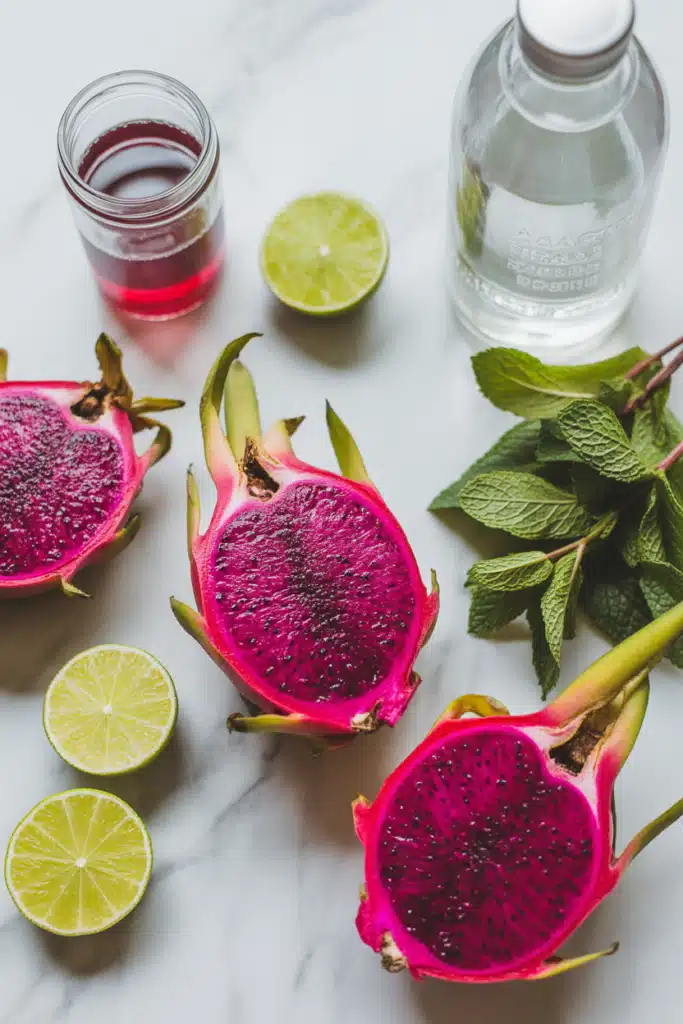 Ingredients for dragon fruit mocktail including lime, mint, and dragon fruit