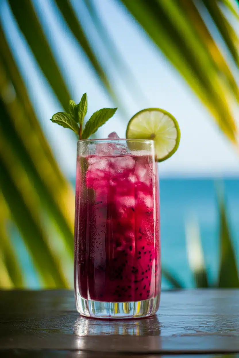 Dragon fruit mocktail with lime and mint garnish