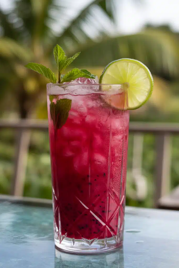 Dragon fruit mocktail with lime and mint garnish