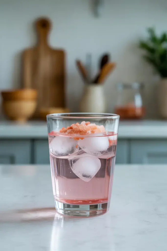 Close-up of the japanese pink salt and ice recipe wellness drink