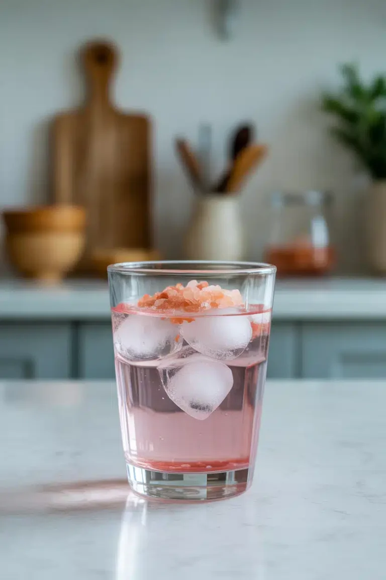 Close-up of the japanese pink salt and ice recipe wellness drink
