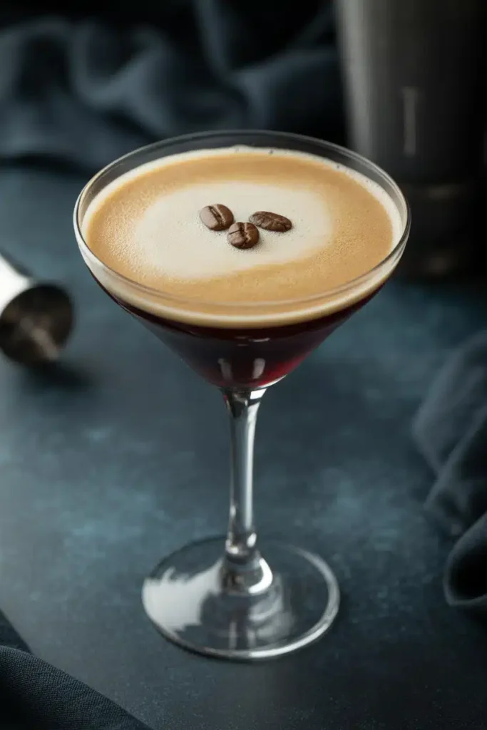 Espresso martini mocktail with frothy top and coffee beans
