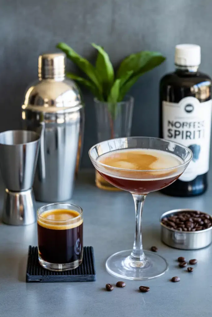 Ingredients for espresso martini mocktail including espresso and non-alcoholic spirits