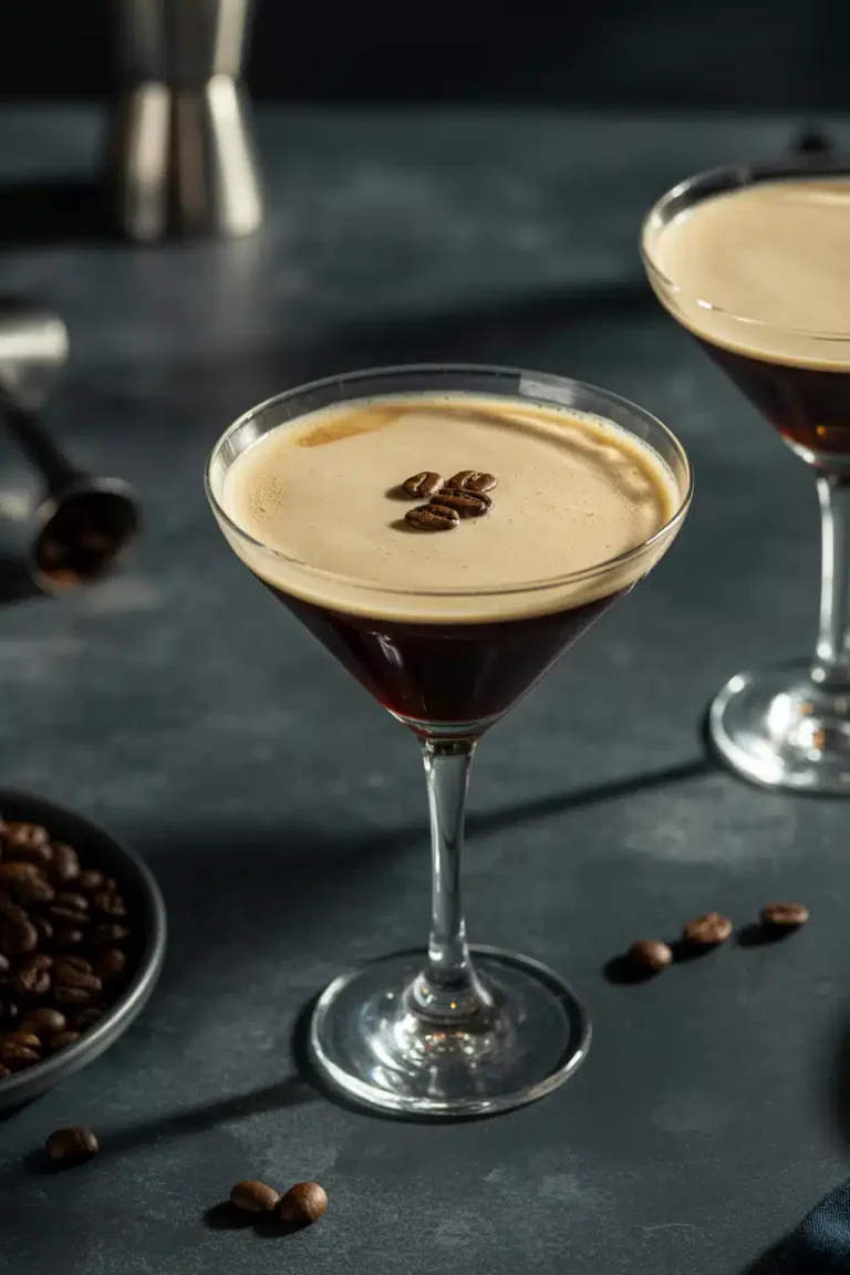 Espresso martini mocktail with frothy top and coffee beans