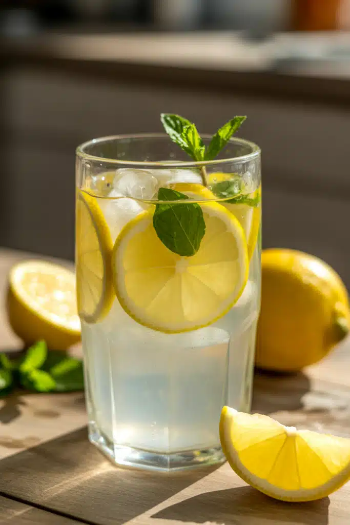 Close-up of fresh lemonade with lemon slices and mint