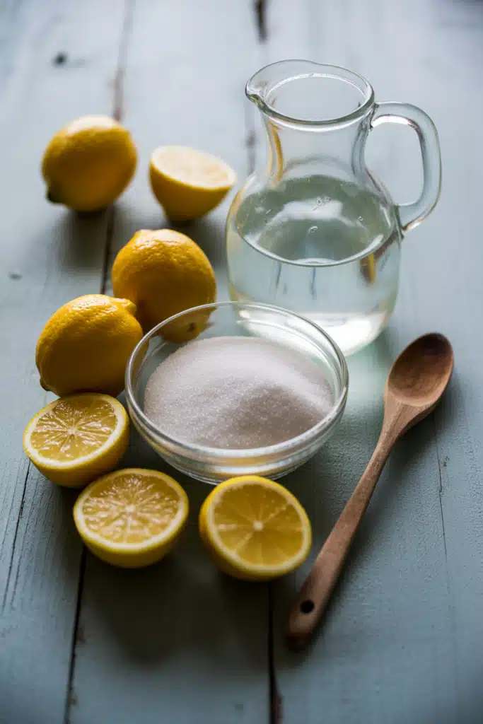 Fresh lemonade recipe ingredients on wooden table