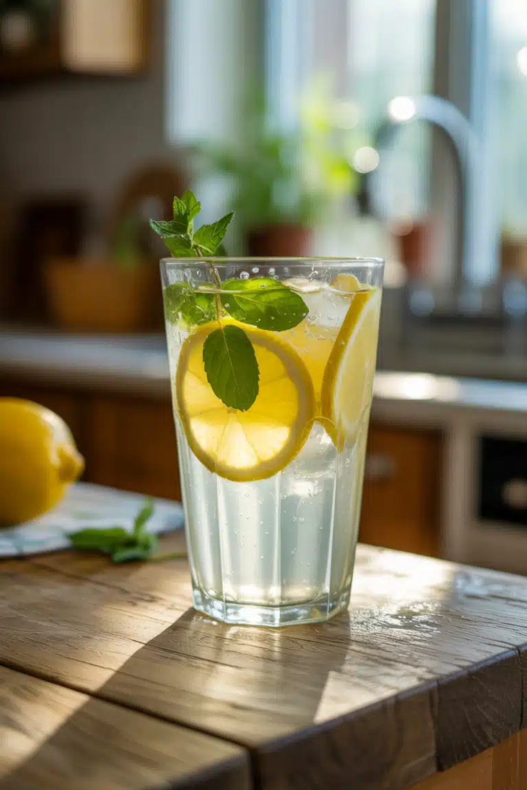 Close-up of fresh lemonade recipe with lemon slices and mint