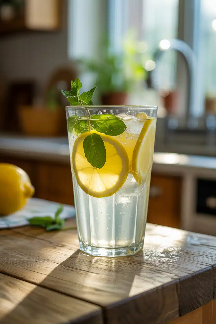 Close-up of fresh lemonade recipe with lemon slices and mint