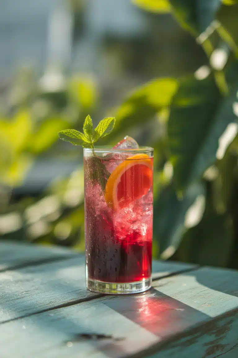 Hibiscus mocktail with ice, mint, and citrus garnish