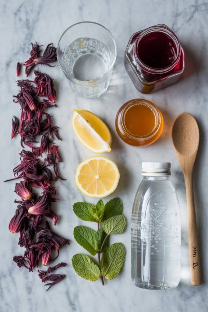 Ingredients for hibiscus mocktail including hibiscus petals, citrus, and honey