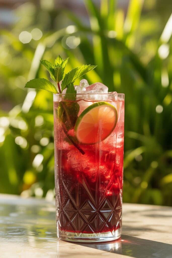 Hibiscus mocktail with ice, mint, and citrus garnish