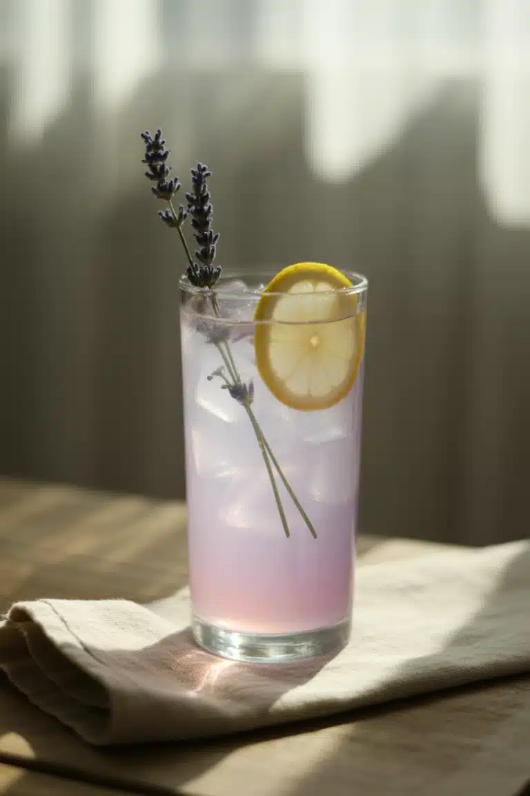 Lavender lemonade mocktail garnished with lemon and lavender