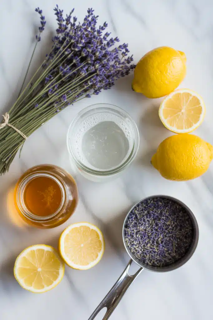 Ingredients for lavender lemonade mocktail on marble surface