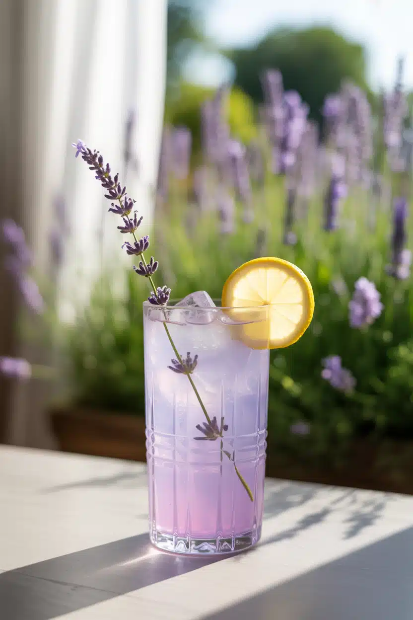 Lavender lemonade mocktail garnished with lemon and lavender