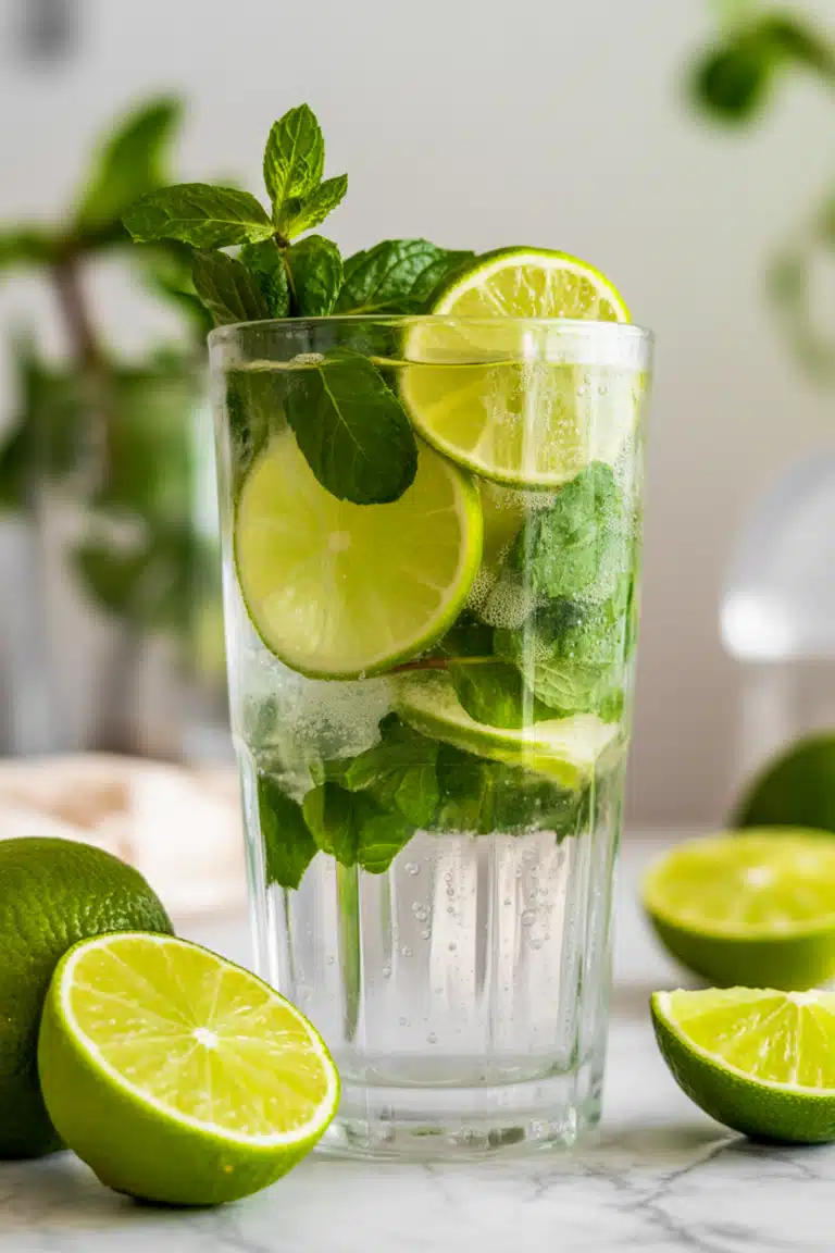 Mojito mocktail with mint and lime in a tall glass