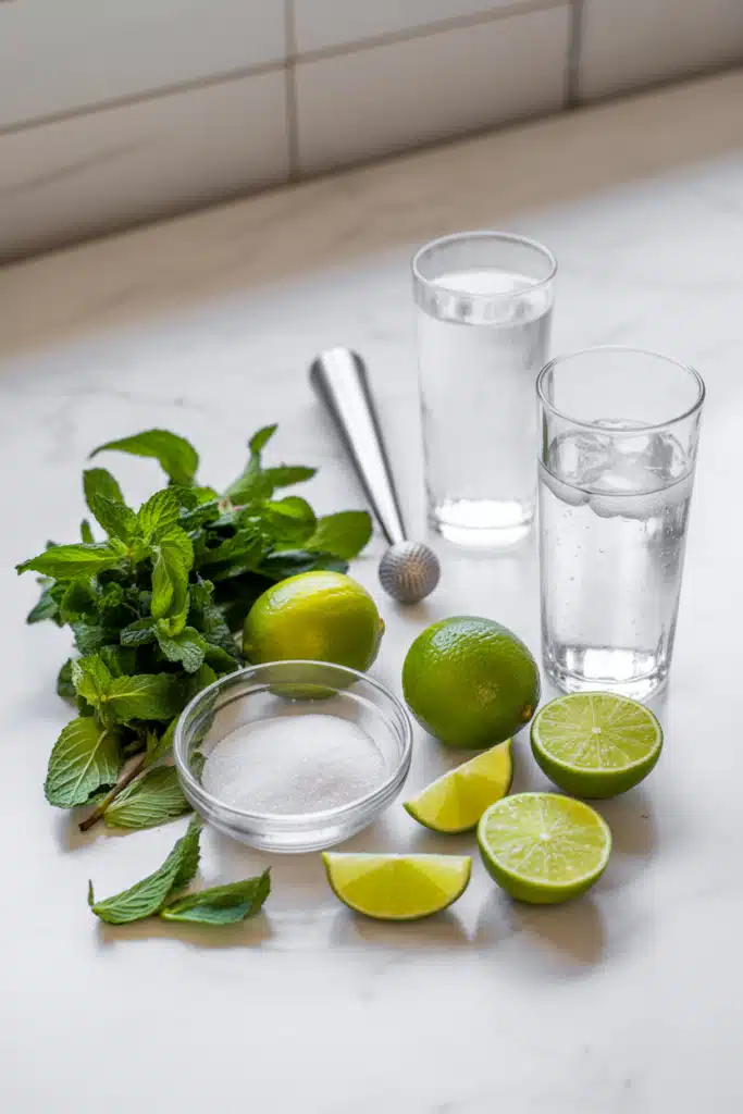 Mojito mocktail ingredients laid out on a counter