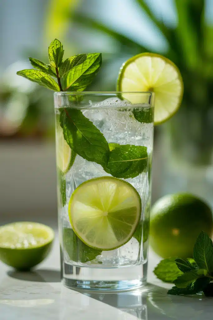 Mojito mocktail with mint and lime in a tall glass