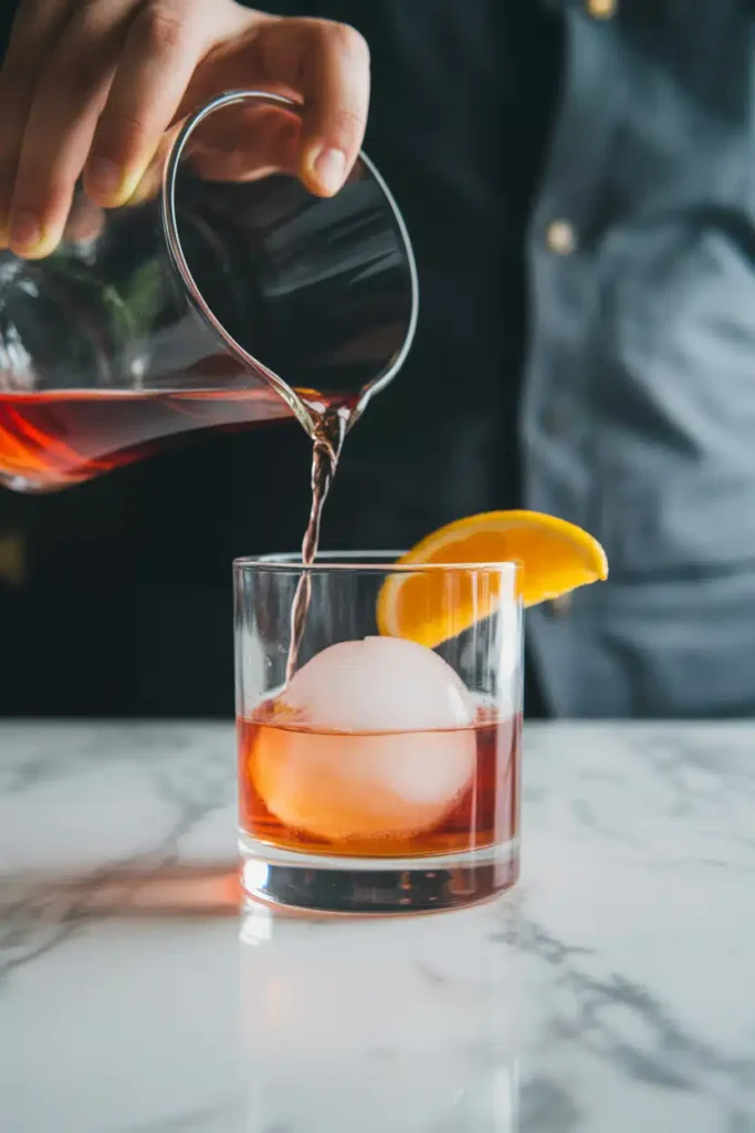 Pouring non-alcoholic gin for Negroni mocktail