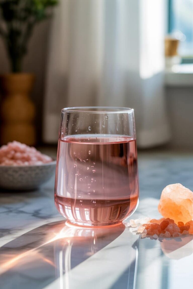 Oprah pink salt recipe drink in a clear glass