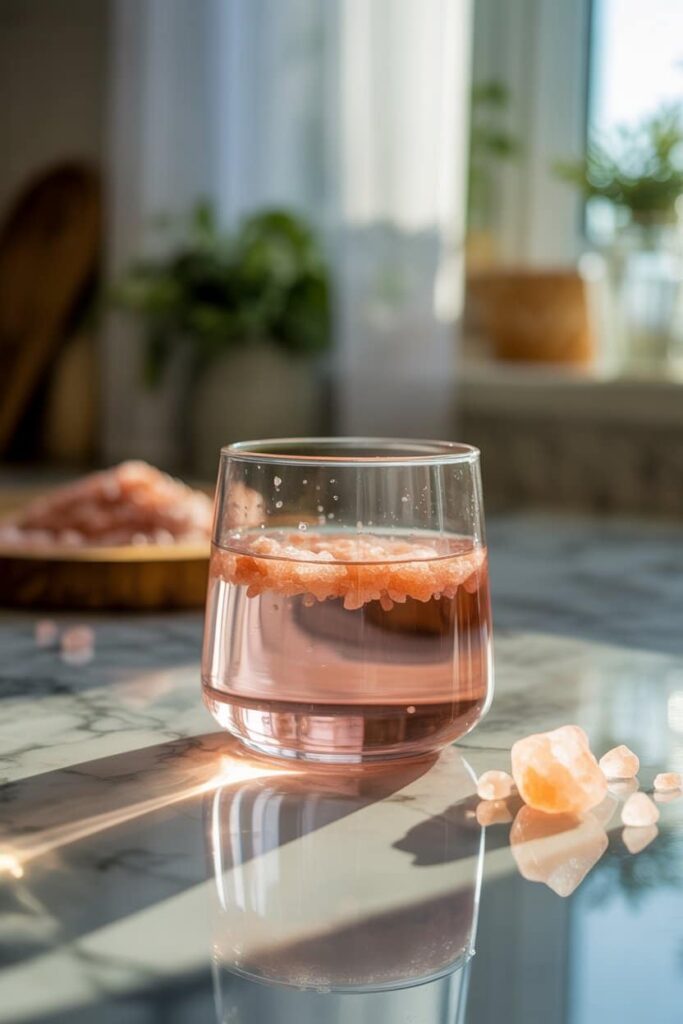 Oprah pink salt recipe drink in a clear glass