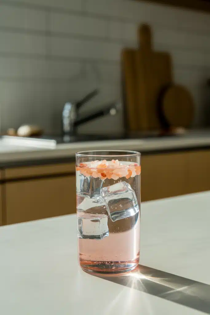 Close-up of the japanese pink salt and ice recipe wellness drink