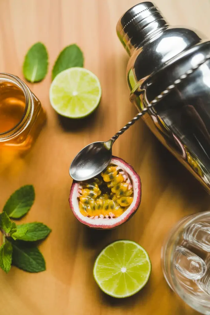 Ingredients for passion fruit mocktail on wooden table