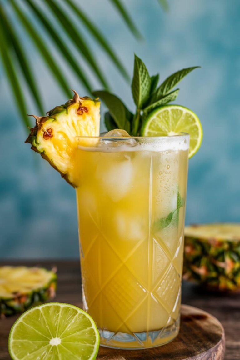 Close-up of Pineapple Mocktail with pineapple and lime garnish