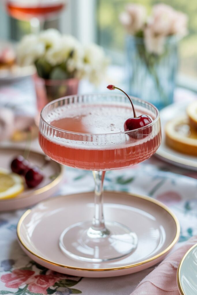 Close-up of Pink Lady Mocktail in coupe glass with cherry