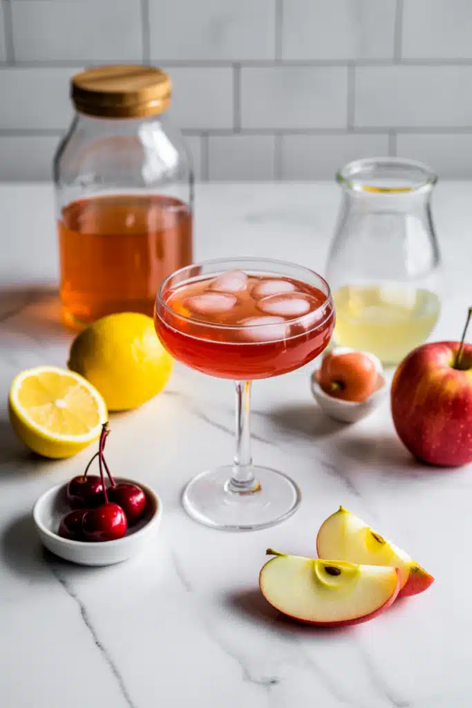 Pink Lady Mocktail ingredients laid out on marble