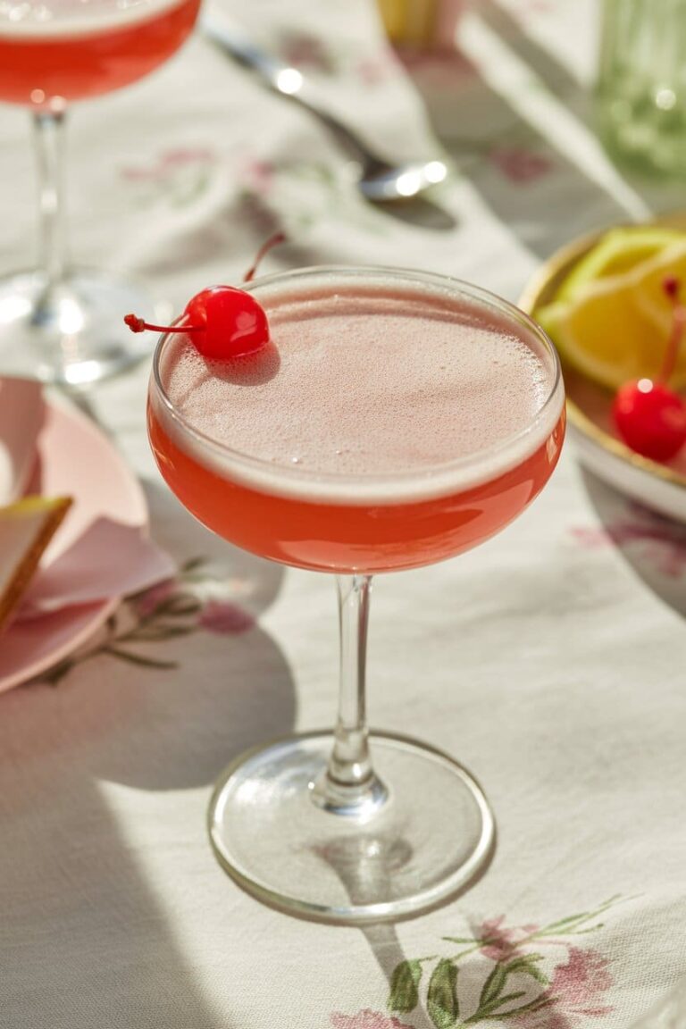 Close-up of Pink Lady Mocktail in coupe glass with cherry