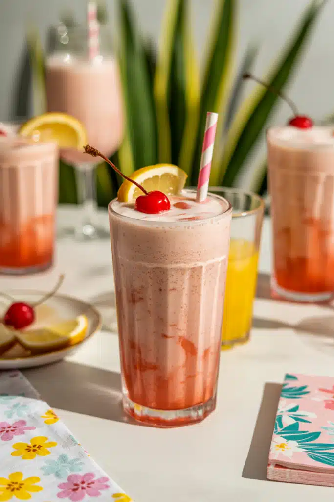 Close-up of Pink Panther Drink Mocktail with cherry garnish