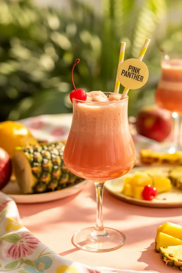 Close-up of Pink Panther Drink Mocktail with cherry garnish