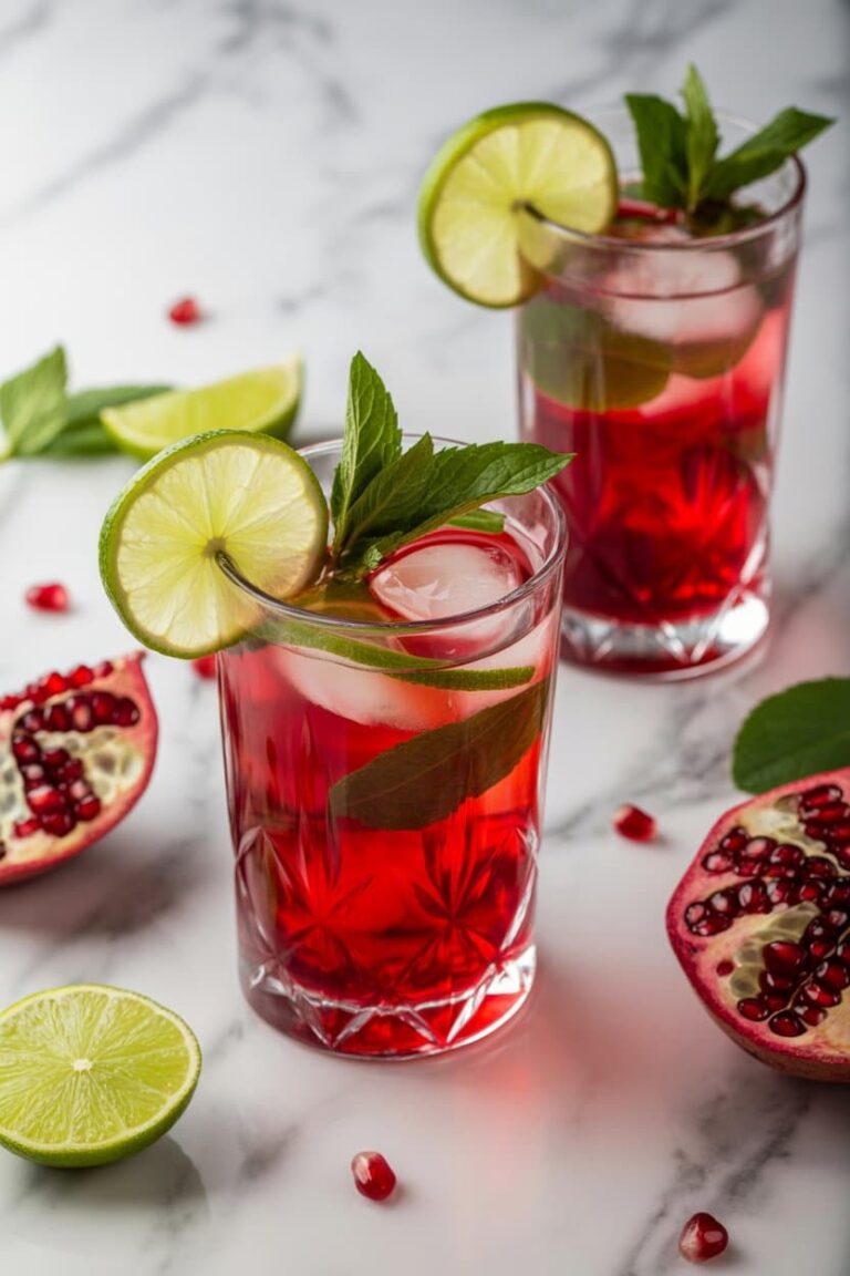 Elegant Pomegranate Mocktail with sugared rim and mint garnish