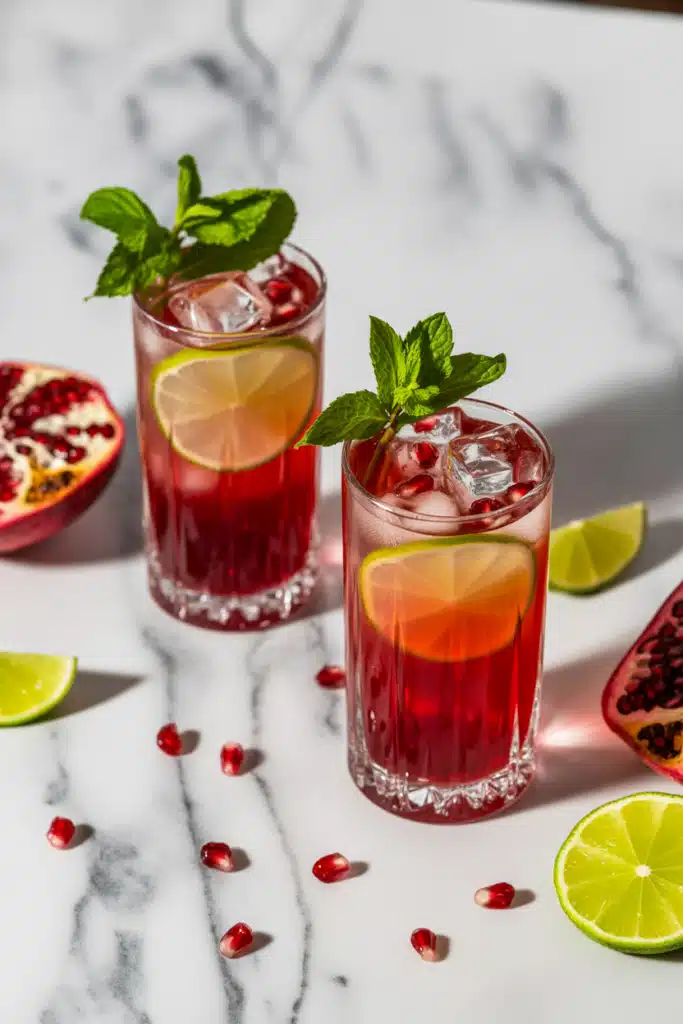 Elegant Pomegranate Mocktail with sugared rim and mint garnish