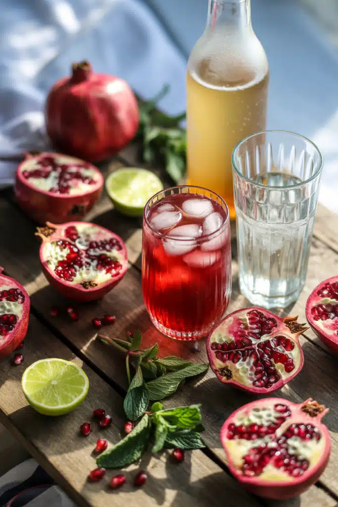 Flat lay of fresh ingredients for Pomegranate Mocktail