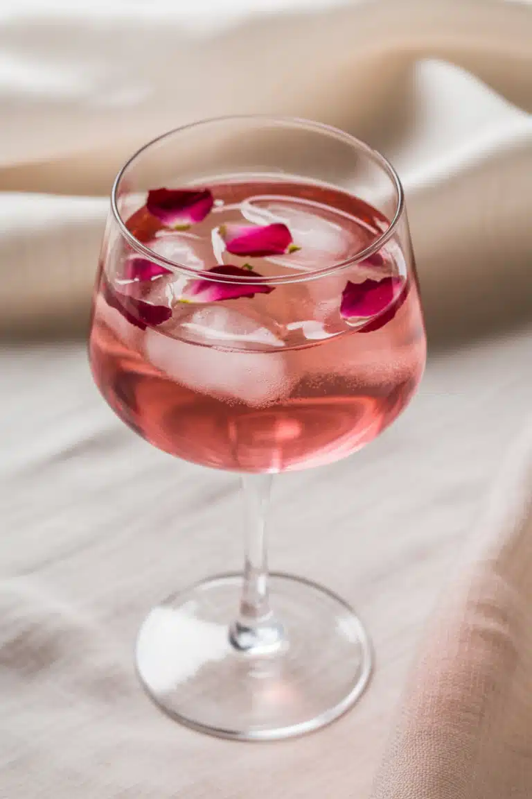 Elegant rose mocktail garnished with edible petals